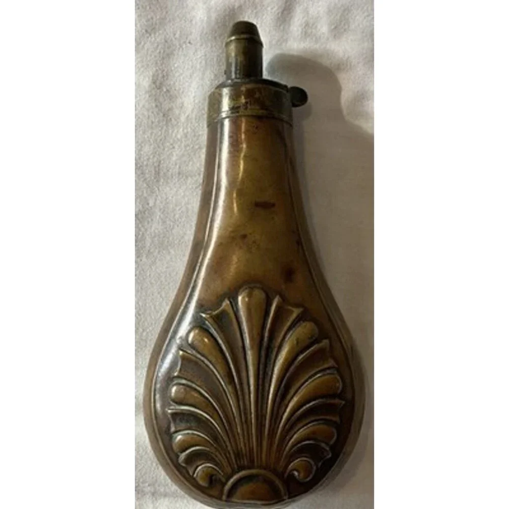 Unusual pistol Powder Flask Copper & Brass Shell Decoration